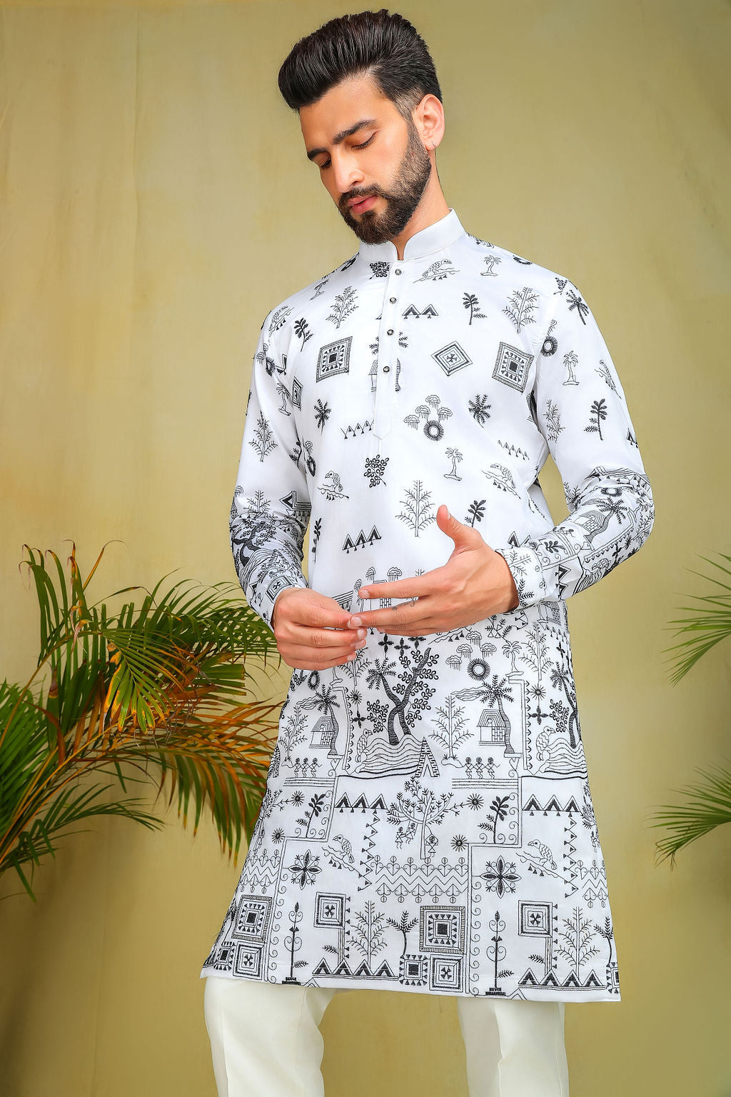 White & Black Motif Embroidery Kurta - The Absolute House Of Design 