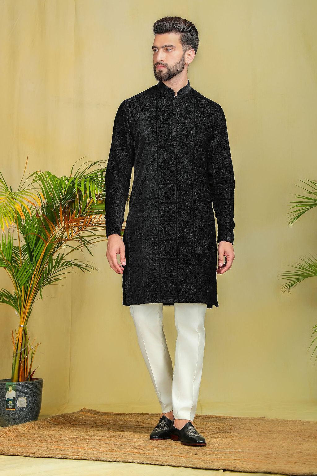 Jet Black Velvet embroidery Kurta Set - The Absolute House Of Design 