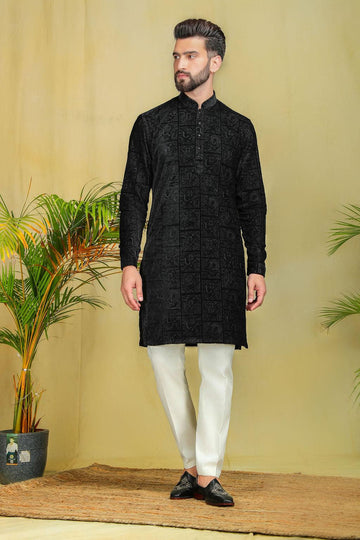 Jet Black Velvet embroidery Kurta Set - The Absolute House Of Design 