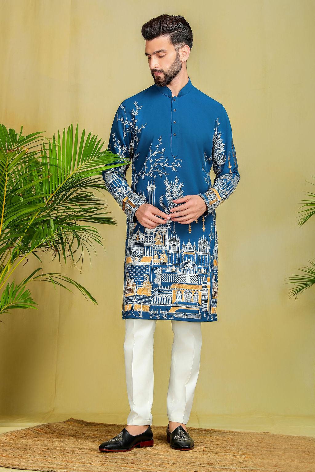 Peacock blue Threadwork kurta set - The Absolute House Of Design 