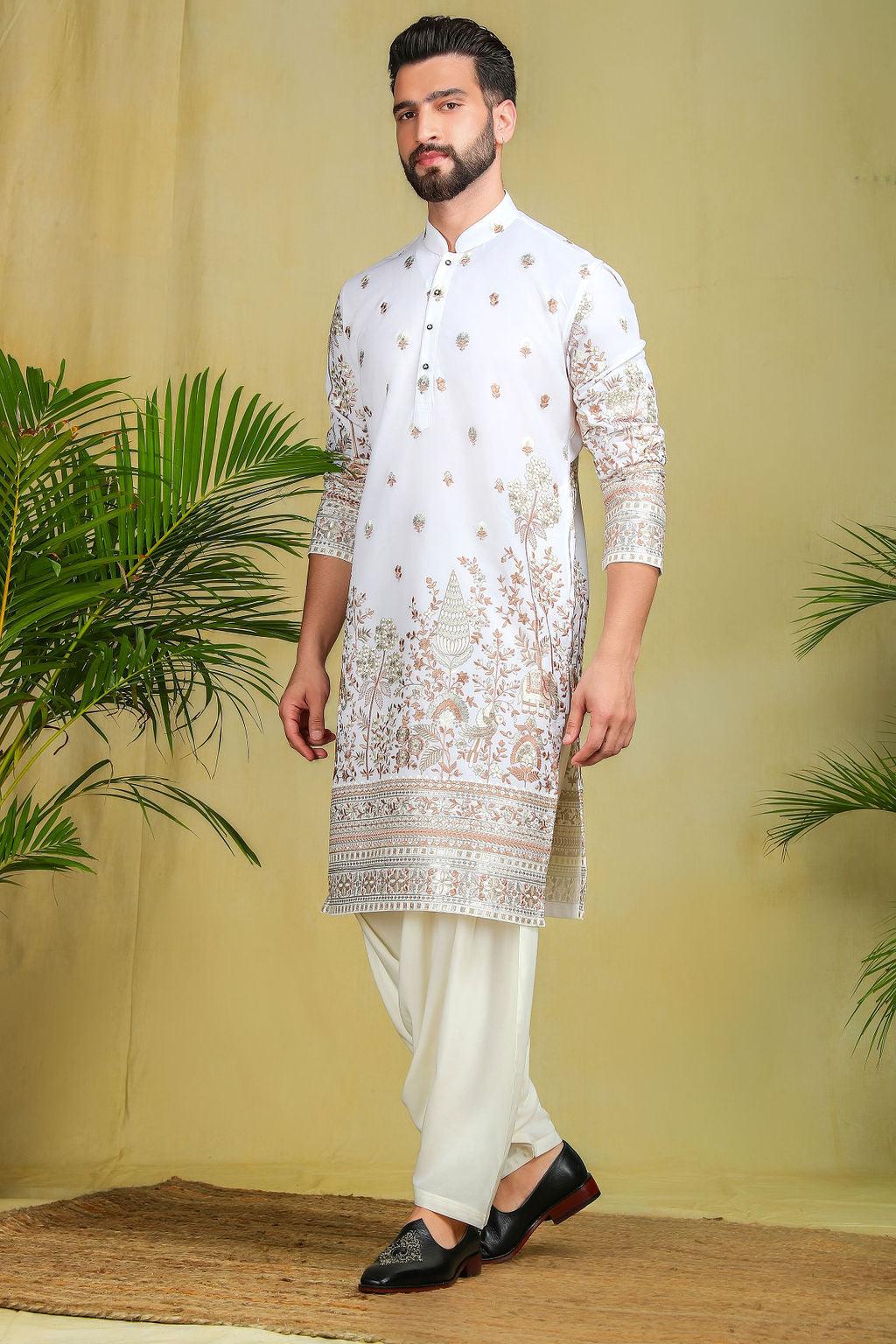 White and Gold Threadwork Pathani Set - The Absolute House Of Design 