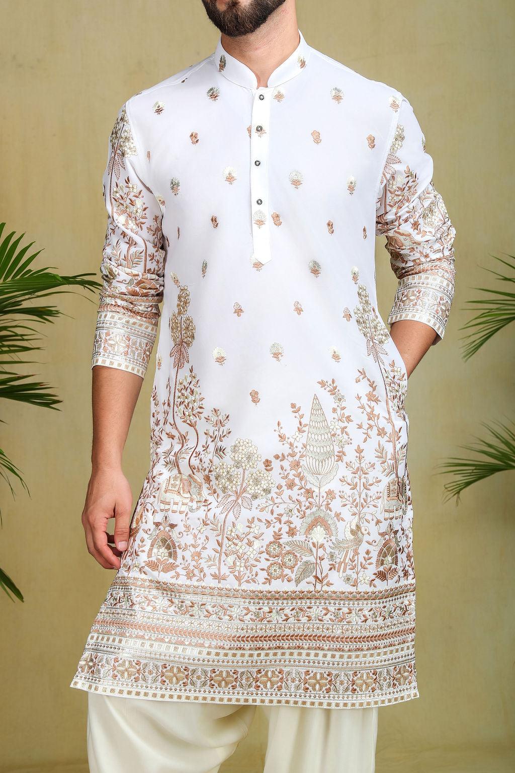 White and Gold Threadwork Pathani Set - The Absolute House Of Design 