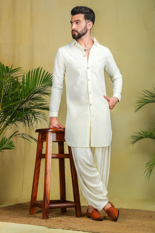 Cream Chikankari Pathani - The Absolute House Of Design 