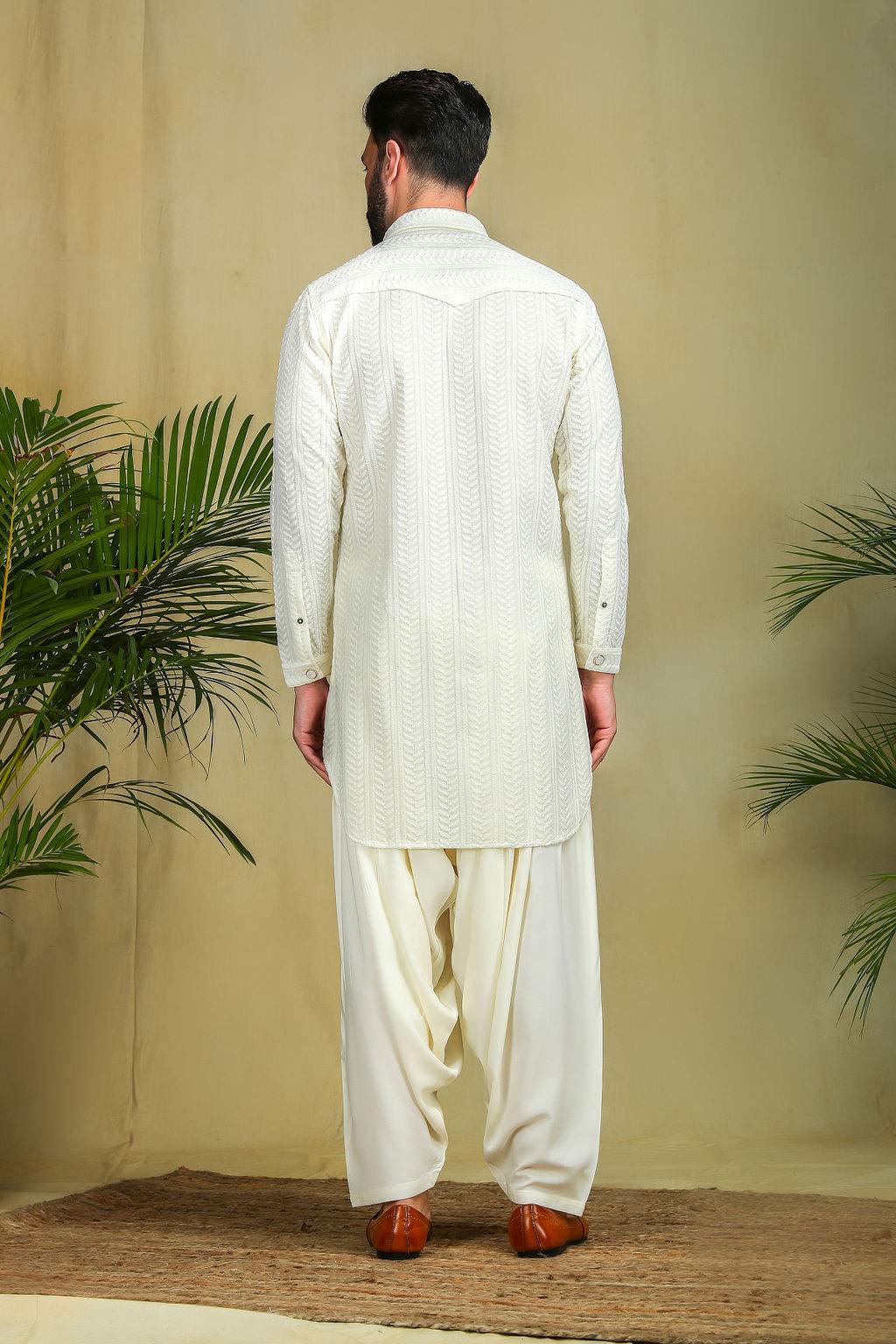 Cream Chikankari Pathani - The Absolute House Of Design 