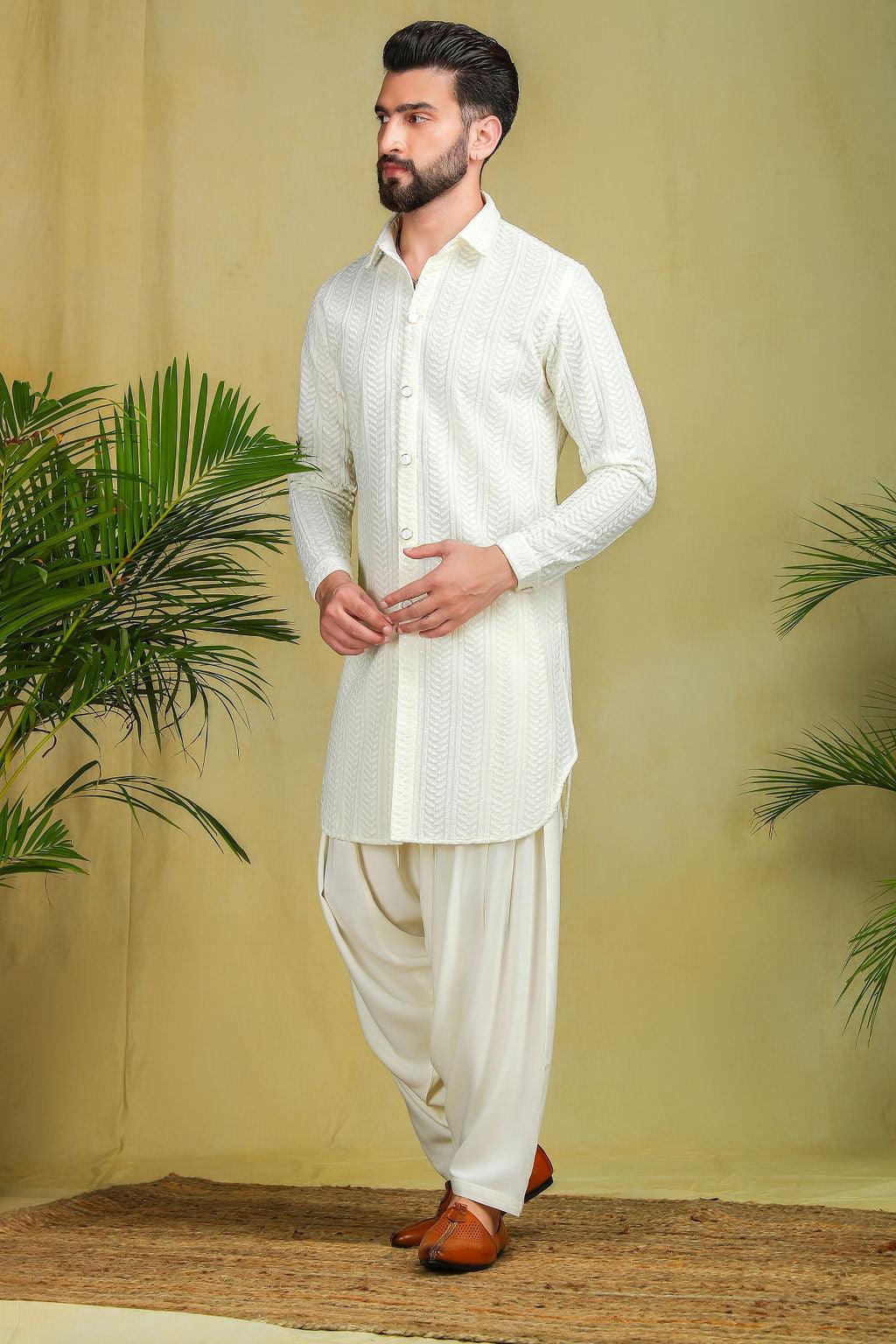 Cream Chikankari Pathani - The Absolute House Of Design 