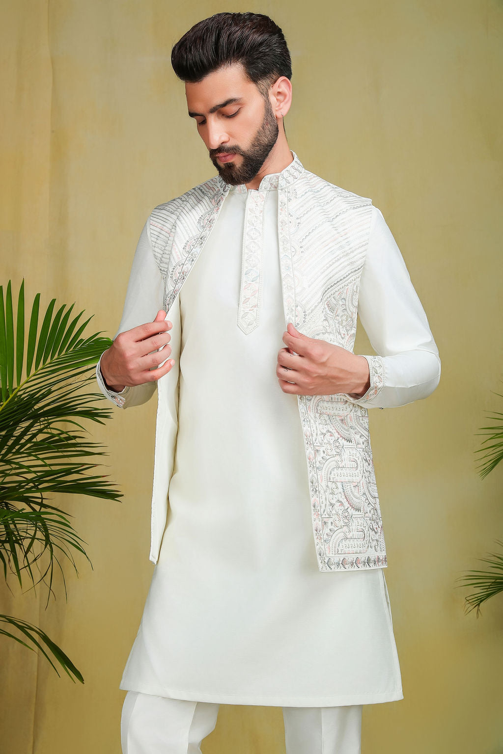 Ivory Embroidery Open Jacket Set - The Absolute House Of Design 