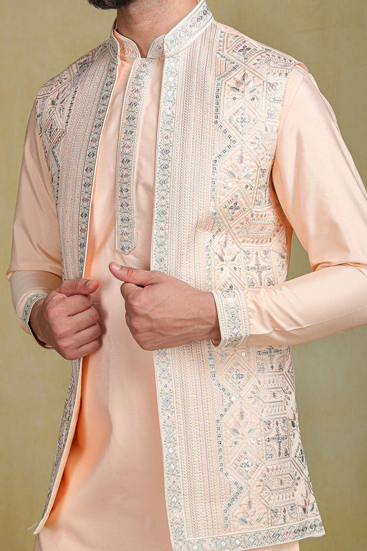 Peach Embroidery Open Jacket Set - The Absolute House Of Design 