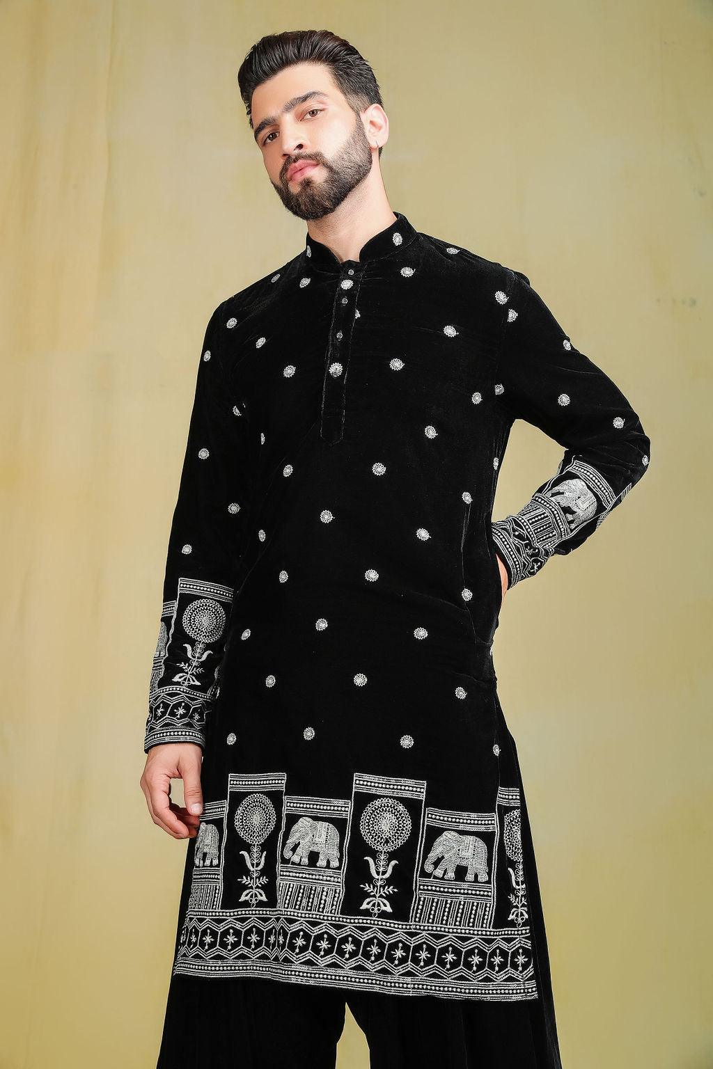 Jet black velvet pathani set - The Absolute House Of Design 