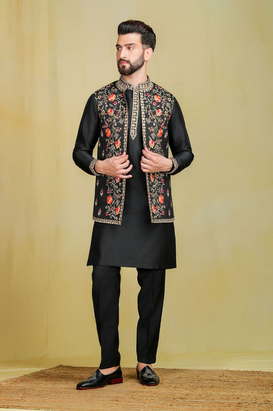 Black Floral Embroidery Open Jacket Set - The Absolute House Of Design 