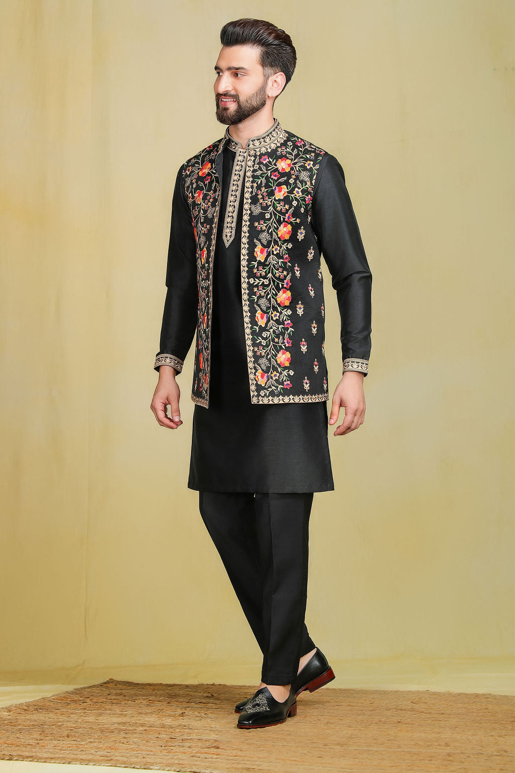 Black Floral Embroidery Open Jacket Set - The Absolute House Of Design 