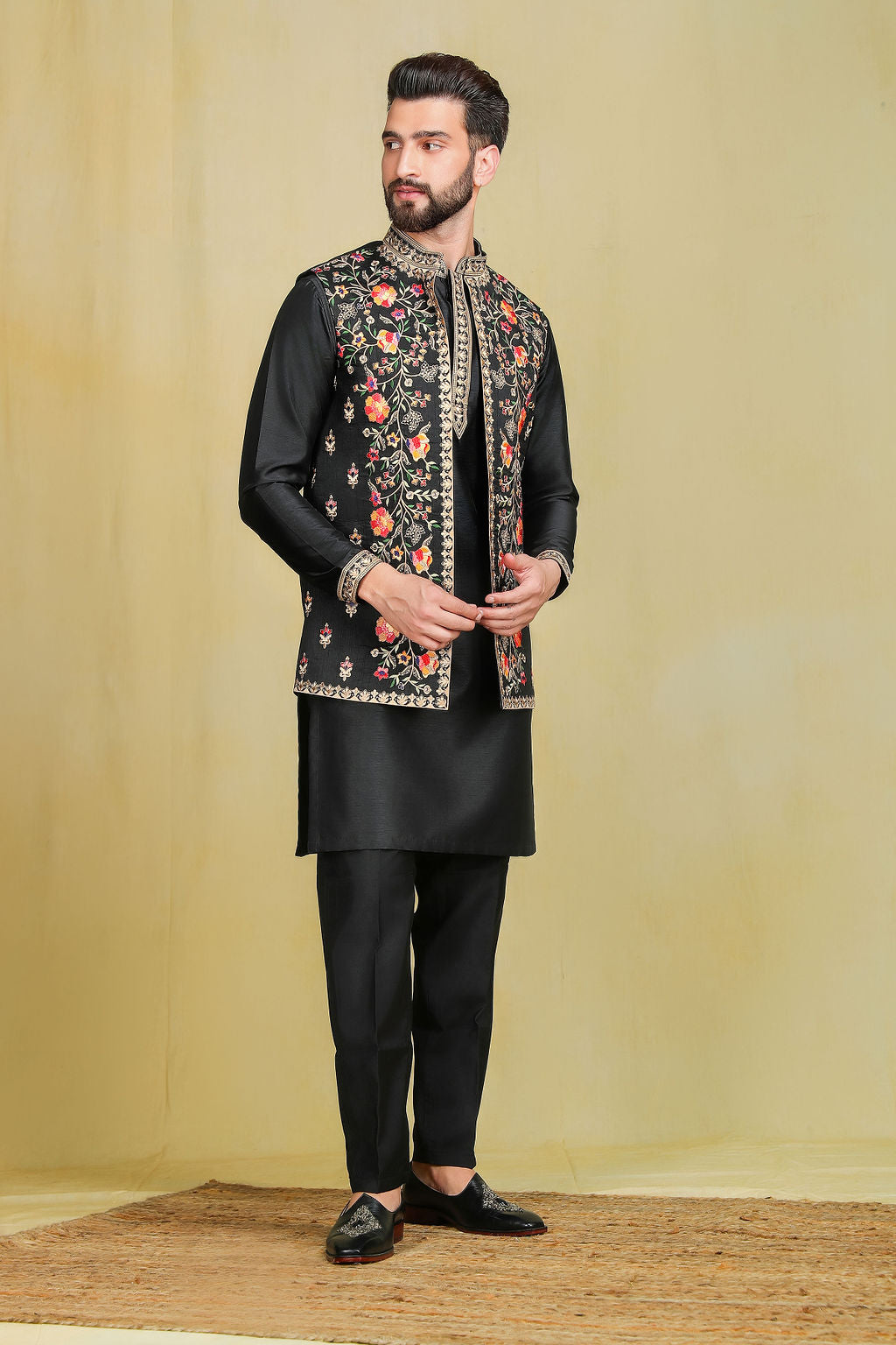 Black Floral Embroidery Open Jacket Set - The Absolute House Of Design 