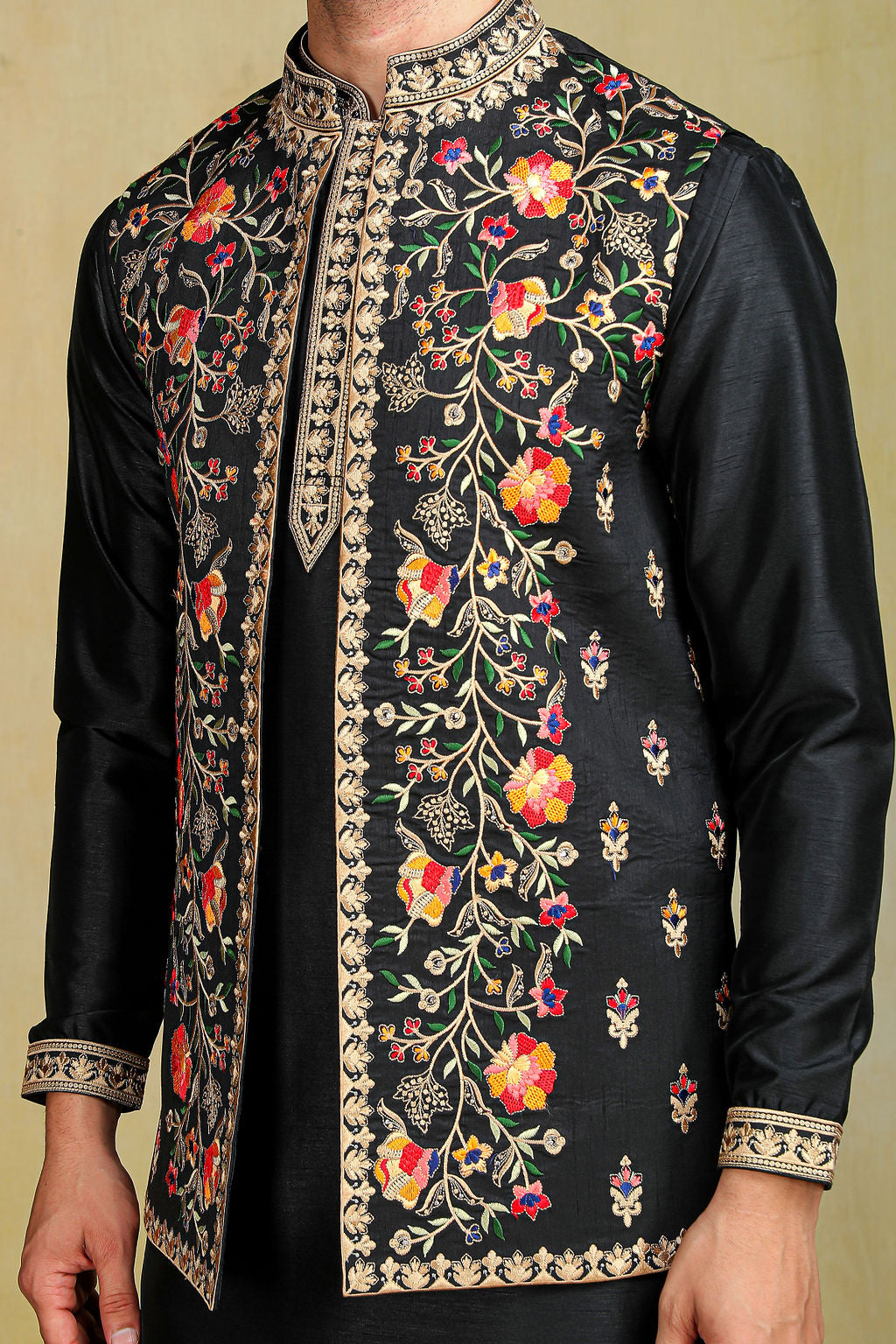 Black Floral Embroidery Open Jacket Set - The Absolute House Of Design 