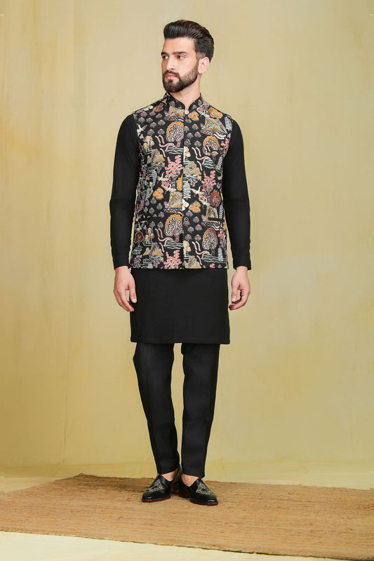 Black kurta set with Embroidery Jacket - The Absolute House Of Design 