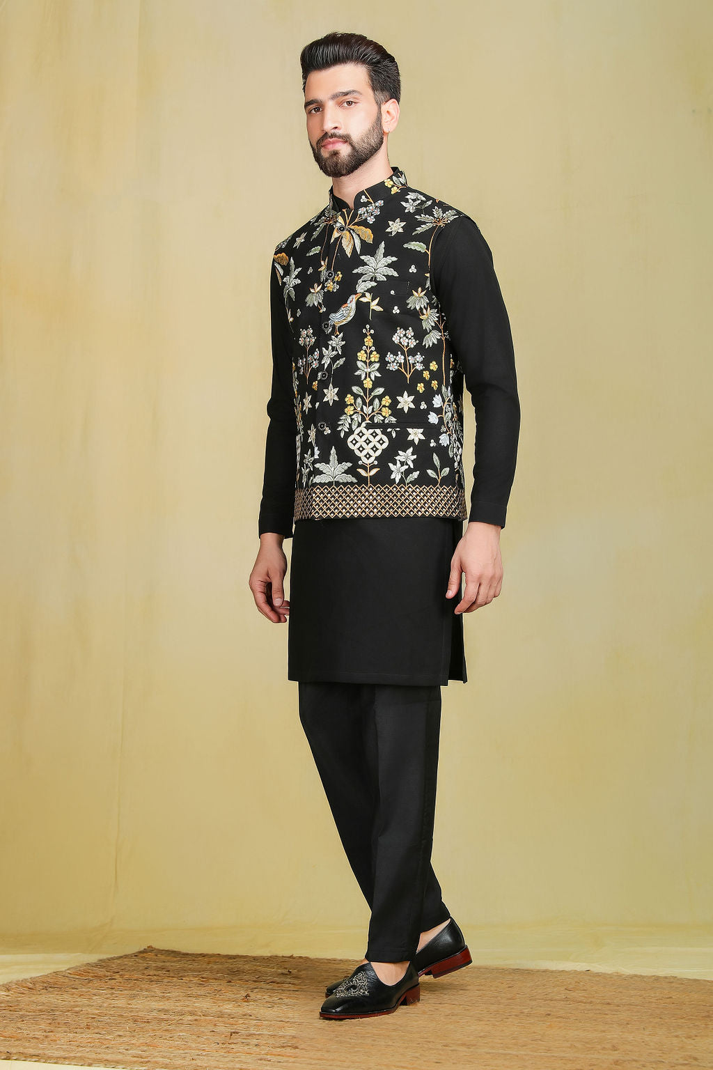 Black kurta set with Embroidery jacket - The Absolute House Of Design 