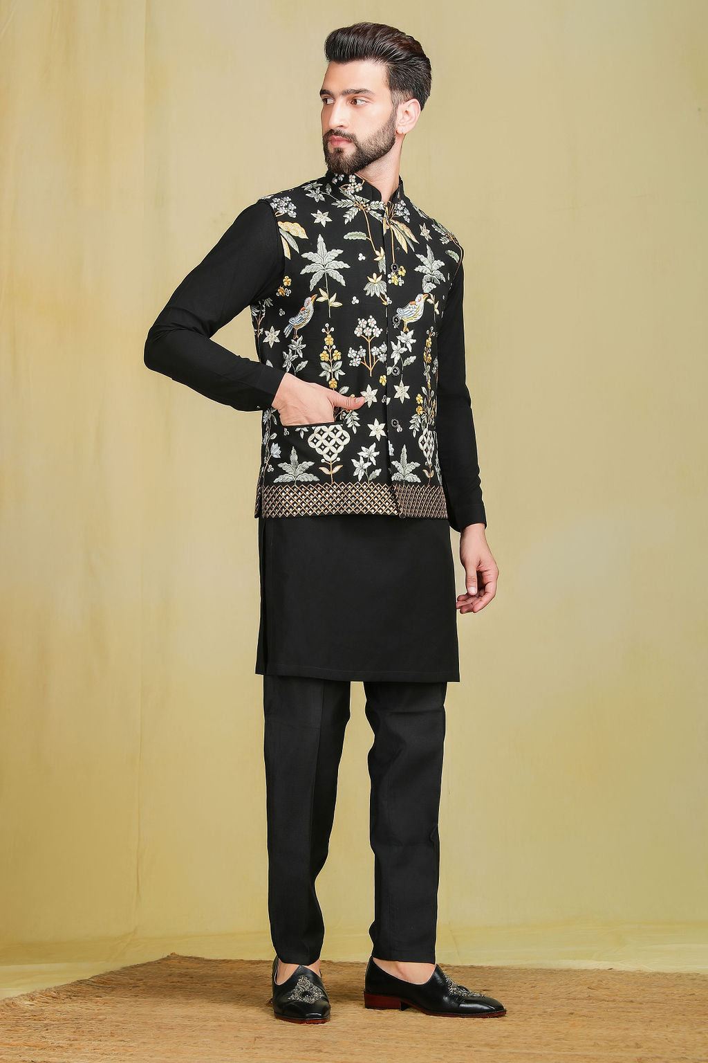 Black kurta set with Embroidery jacket - The Absolute House Of Design 