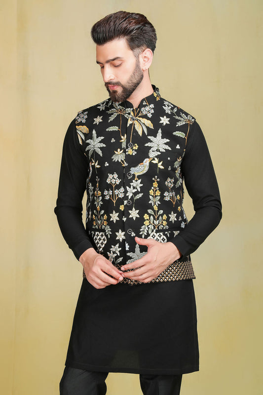 Black kurta set with Embroidery jacket - The Absolute House Of Design 