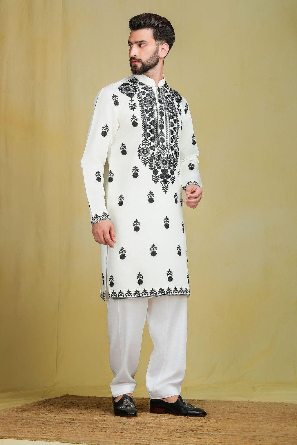 White heavy embroidery pathani set - The Absolute House Of Design 