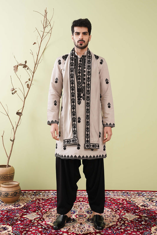 Beige & Black Neck work dupatta Kurta