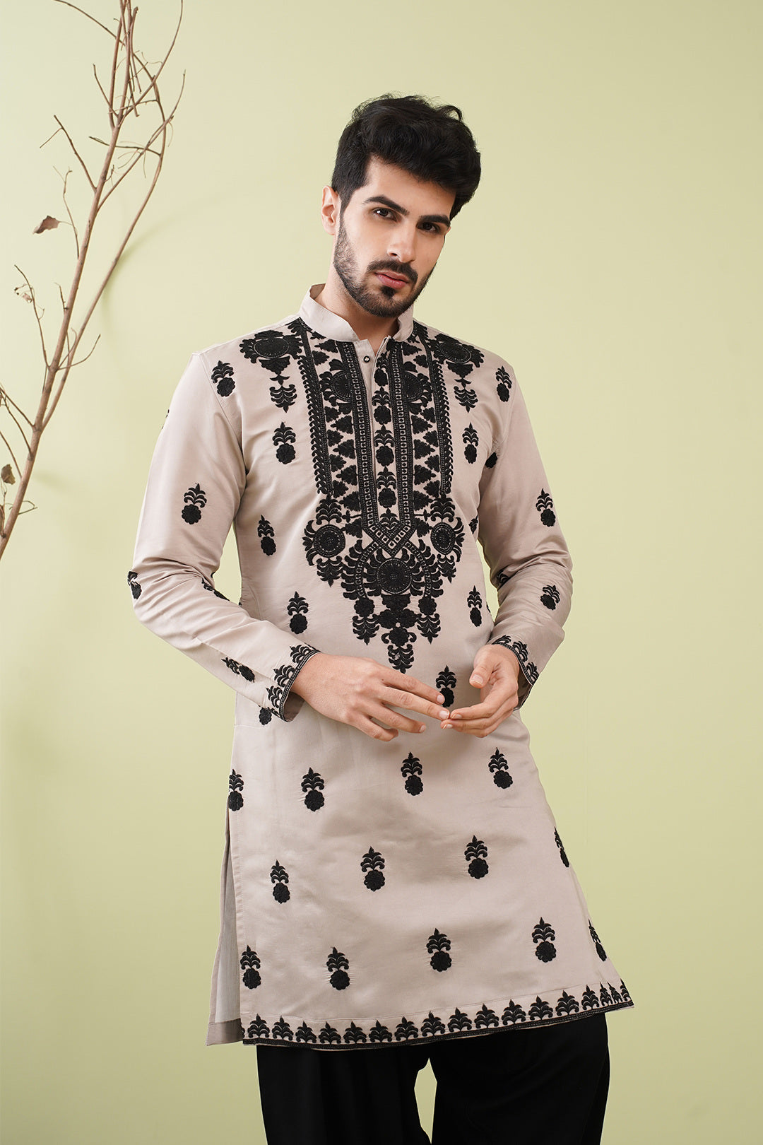 Beige & Black Neck work dupatta Kurta