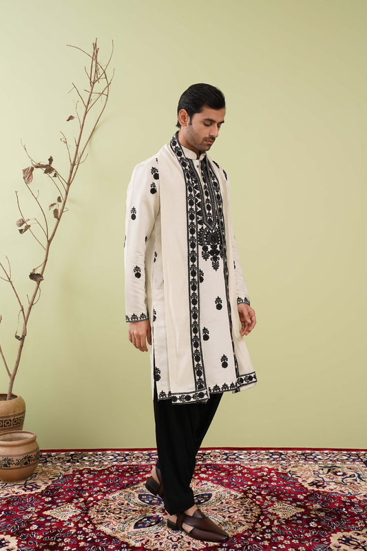 Ivory & Black Neck work Kurta with Dupatta