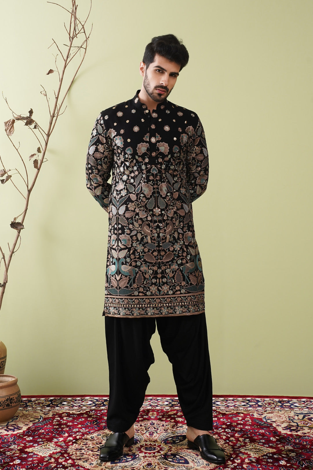 Black & Mint Heavy Embroided Kurta