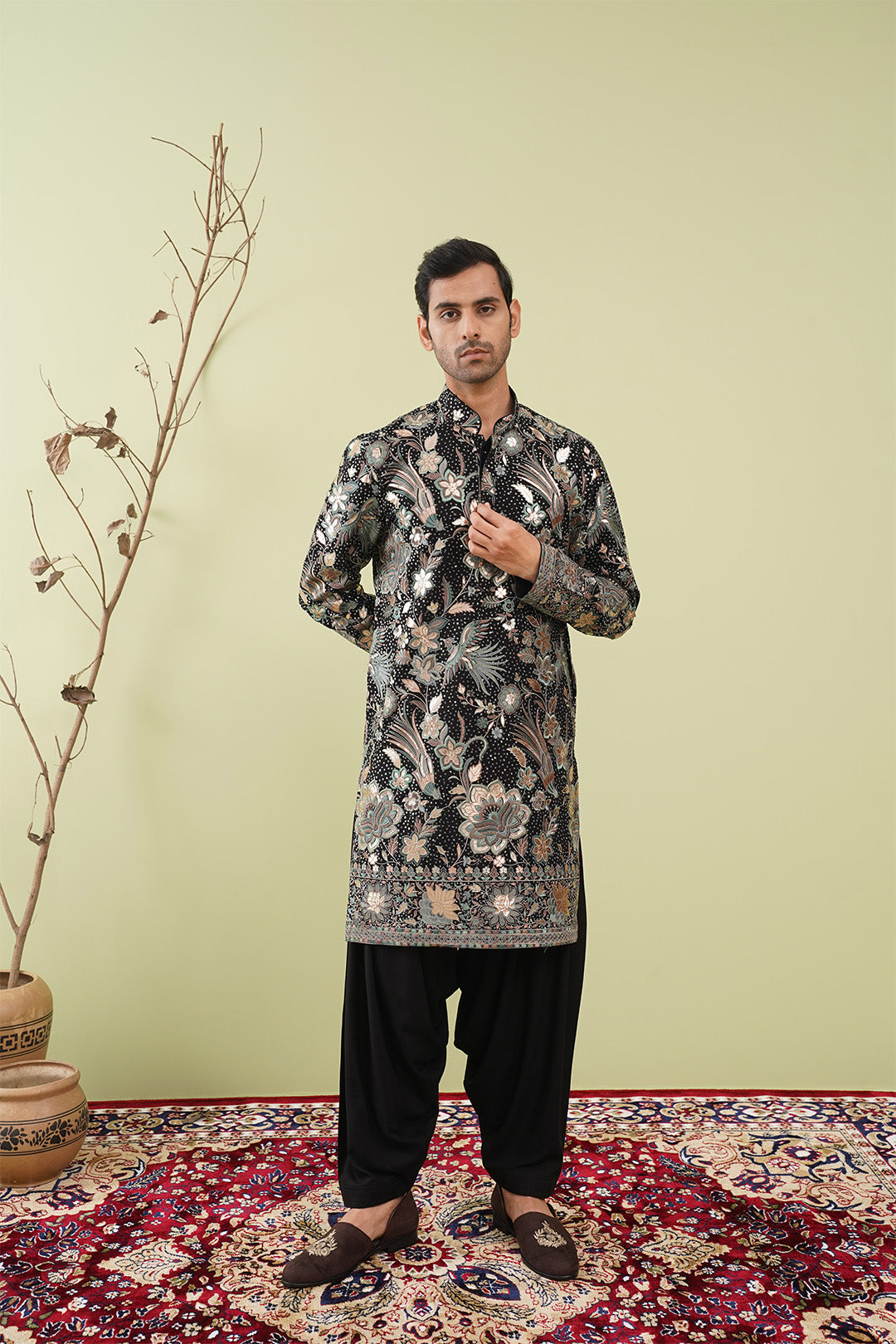 Black Embroidred Kurta with Detailed Leather Patch work