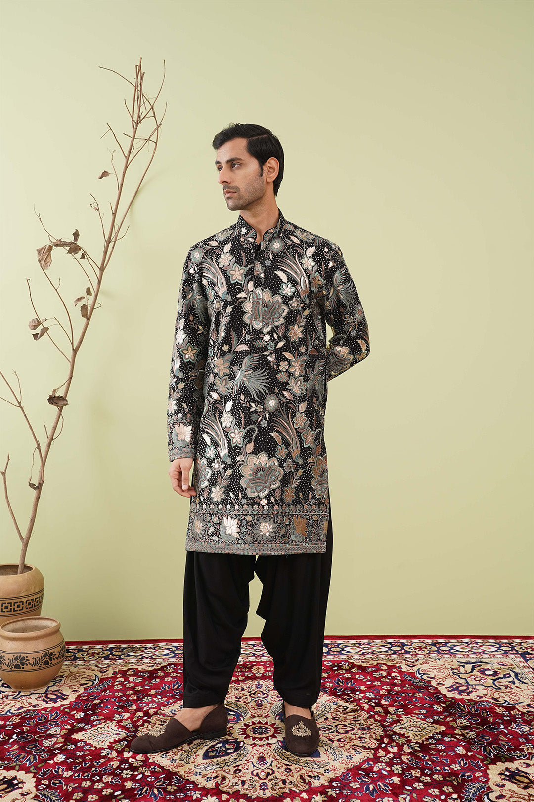 Black Embroidred Kurta with Detailed Leather Patch work