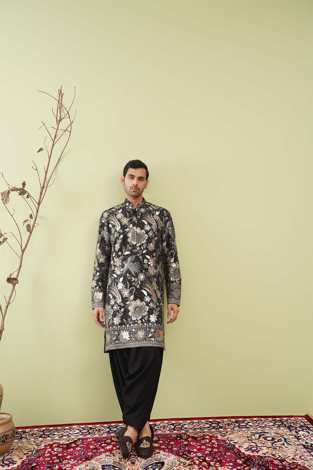 Black Embroidred Kurta with Detailed Leather Patch work