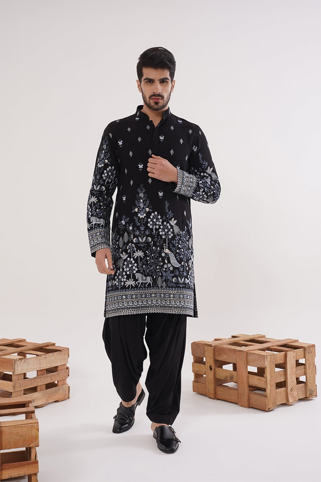 Blue & Black Threadwork Kurta Set