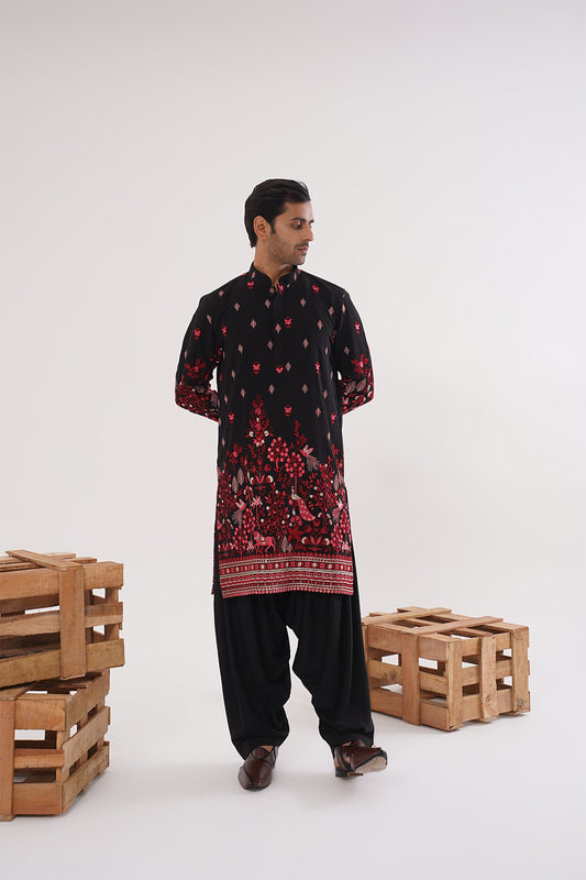 Red & Black Embroidery Kurta Set