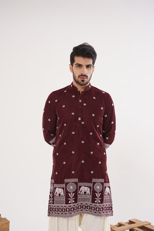 Rust Velvet Embroidery Kurta