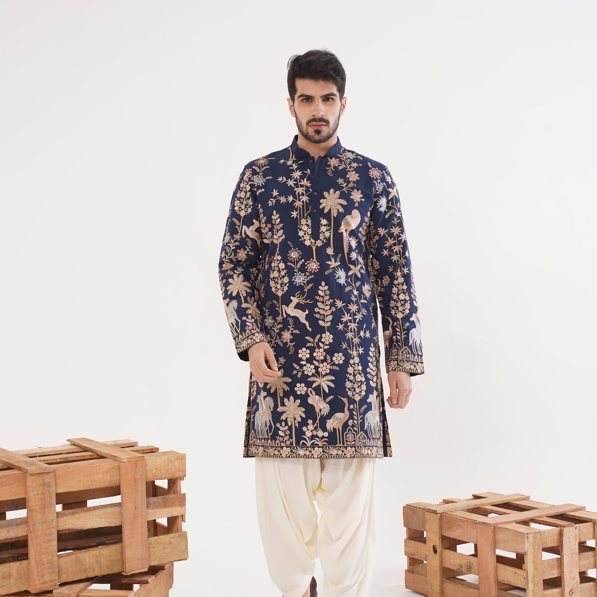 NAVY THREADWORK MOTIF KURTA SET