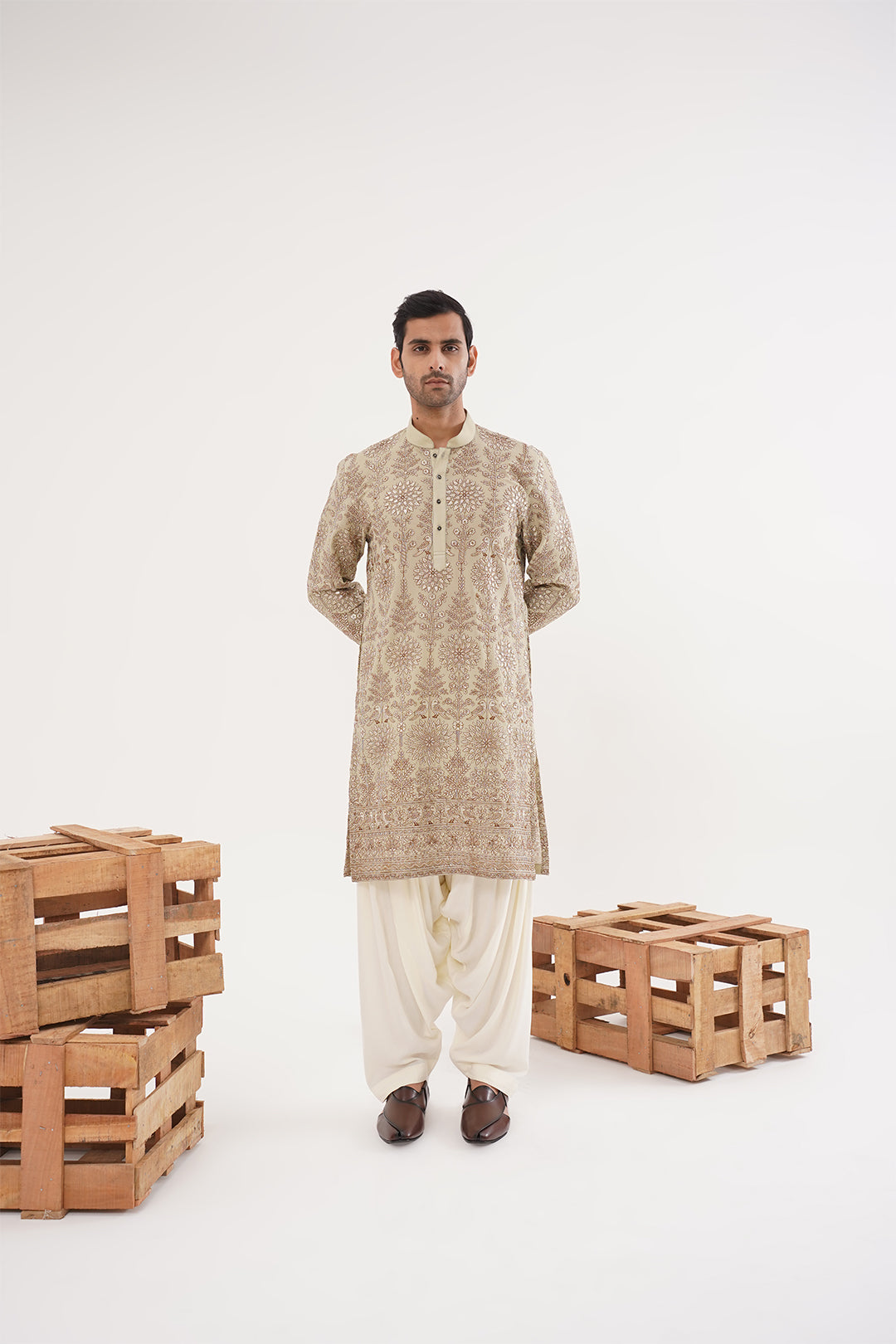 Mehandi Green Kurta with Golden threadwork embroidery