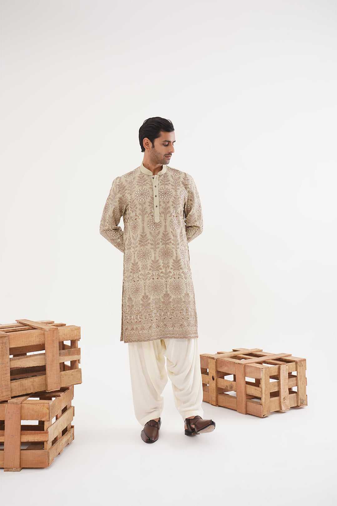 Mehandi Green Kurta with Golden threadwork embroidery