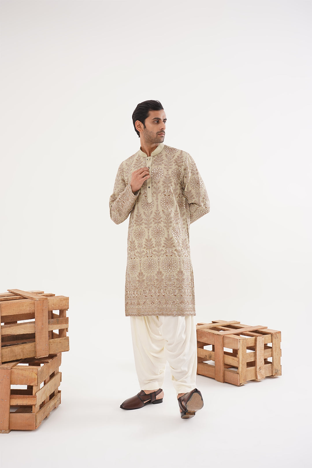 Mehandi Green Kurta with Golden threadwork embroidery