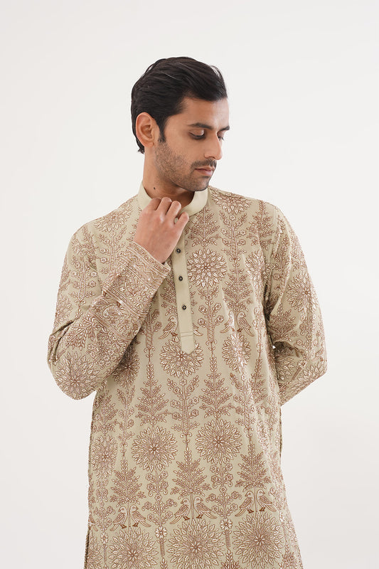 Mehandi Green Kurta with Golden threadwork embroidery