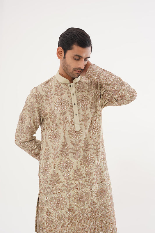 Mehandi Green Kurta with Golden threadwork embroidery