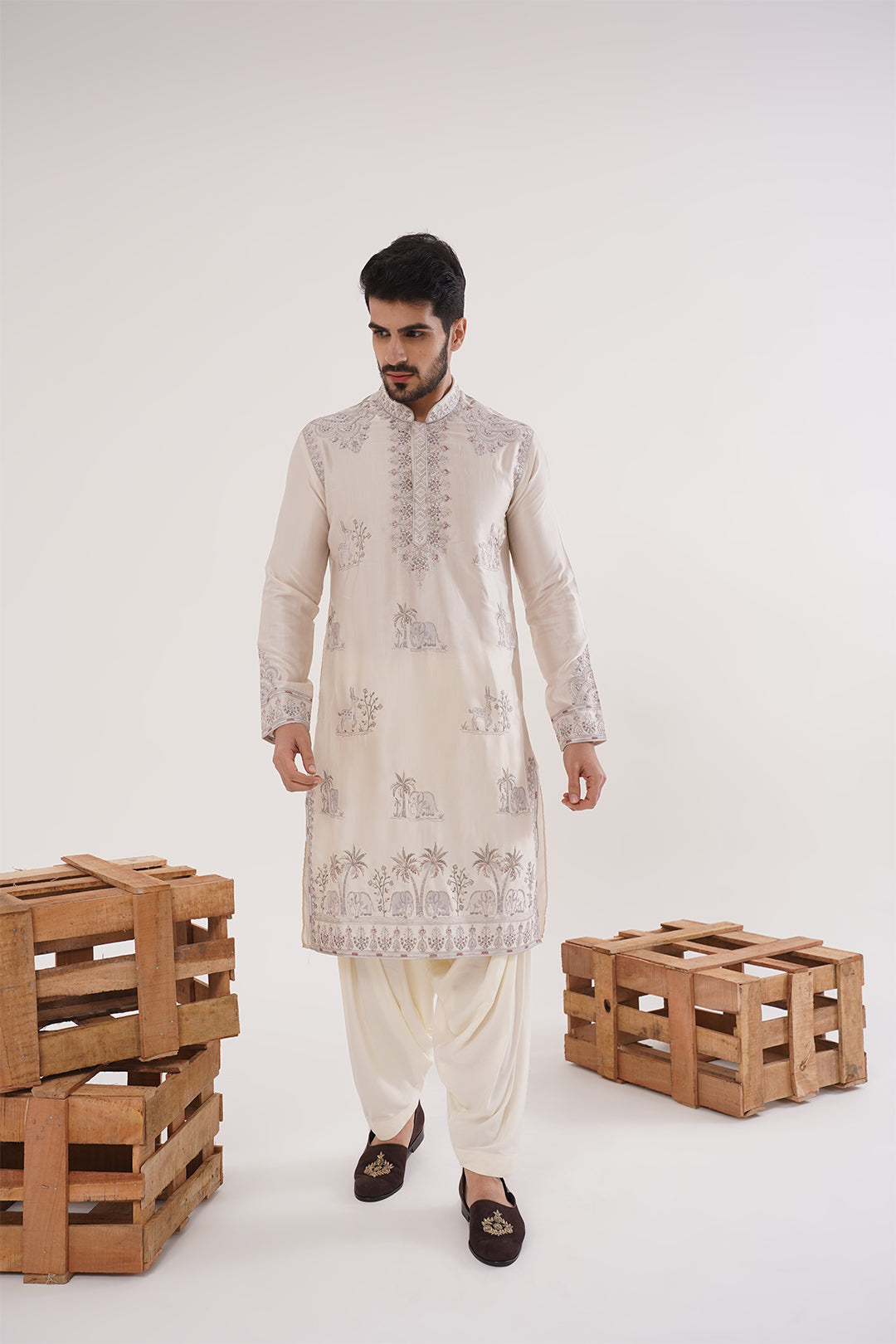 Ivory Kurta Set with Animal Motifs