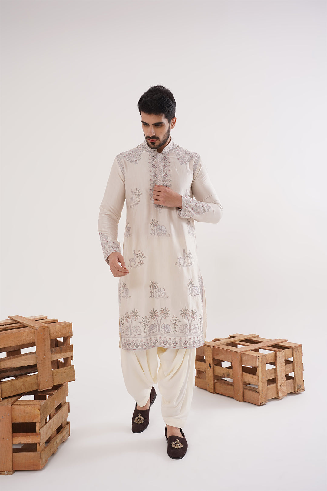 Ivory Kurta Set with Animal Motifs