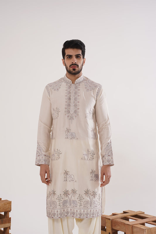 Ivory Kurta Set with Animal Motifs