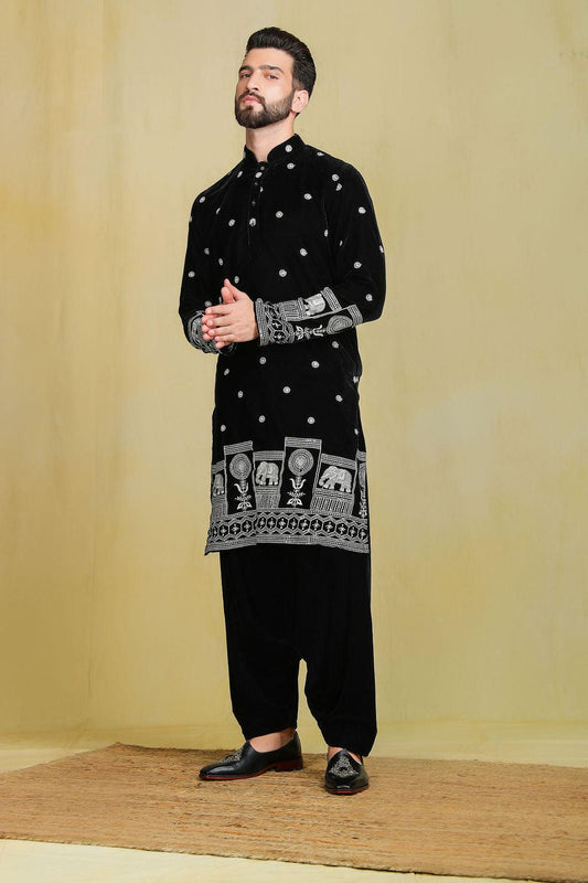 Shop Black velvet pathani set 