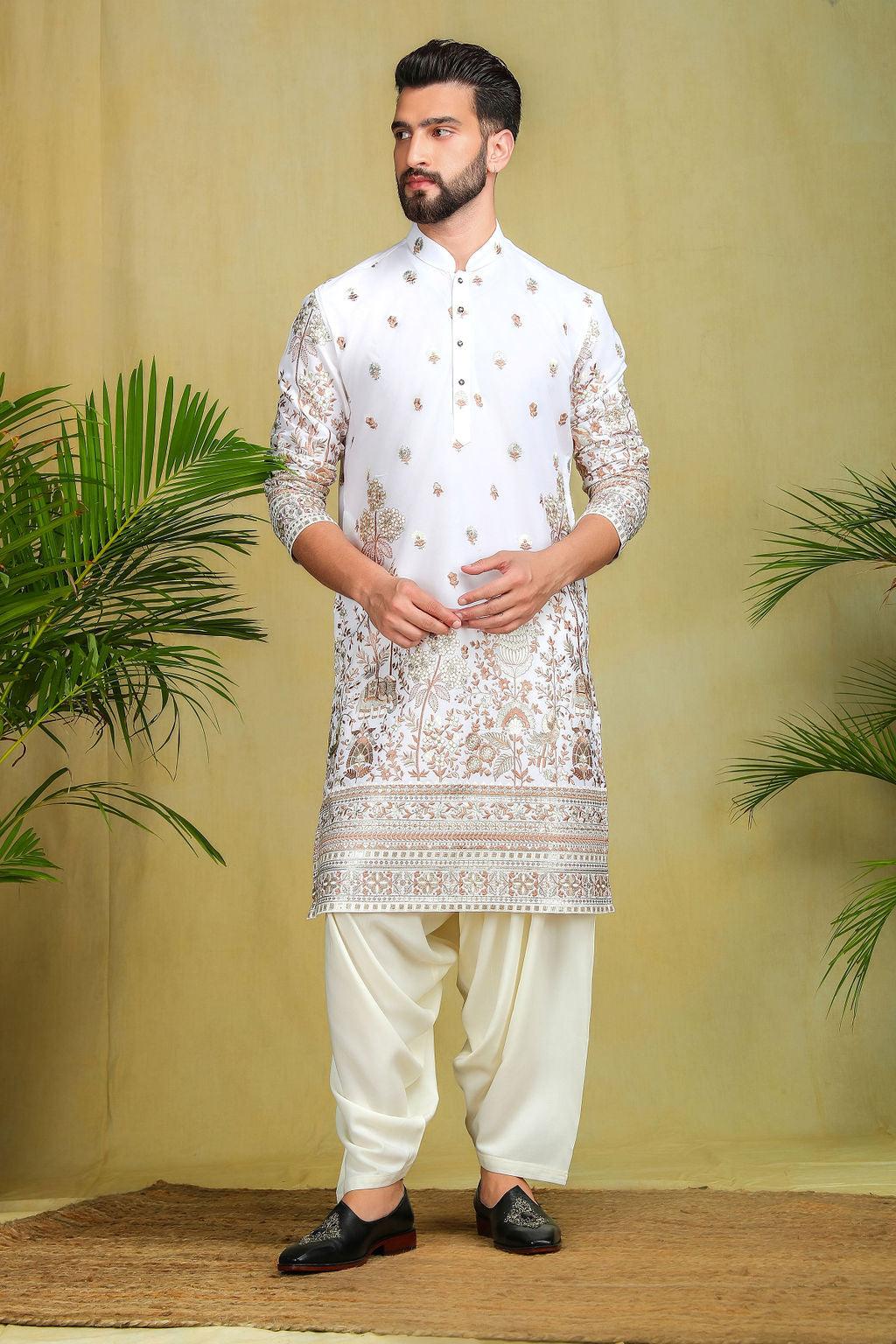 White and Gold Threadwork Pathani Set - The Absolute House Of Design 